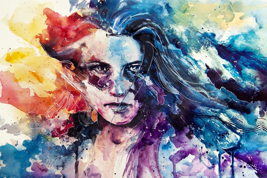 Closeup rainbow watercolor painting of girl